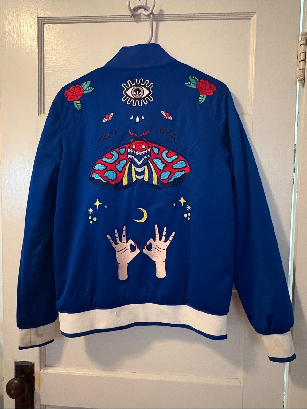 Adidas Blue Embroidered Bomber Jacket with Moth & Rose Motif